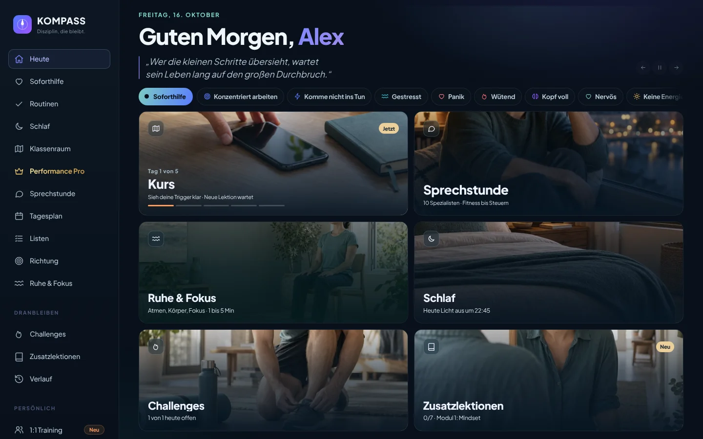 Echte Desktopansicht der KOMPASS-Startseite.