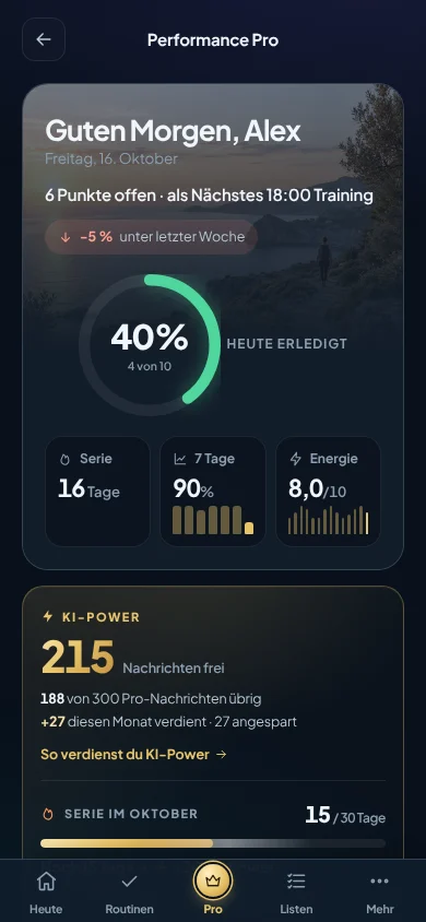Performance Pro auf dem Handy mit Tageswert, KI-Power und Zeitleiste