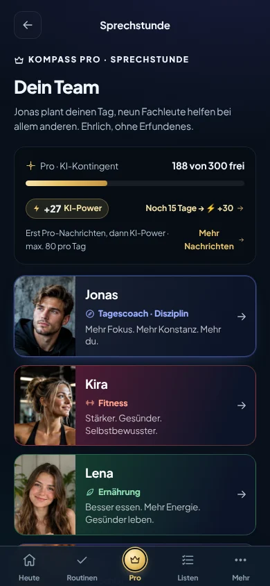 Echte Handyansicht der KOMPASS-App: KI-Sprechstunde mit zehn Spezialisten.